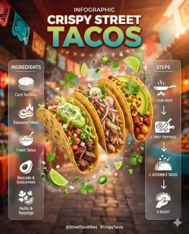 Ultra Viral Street Taco Recipe — Nano Banana 2 AI Prompt: Ultra-viral recipe infographic. Showcase CRISPY STREET TACOS filled with seasone...