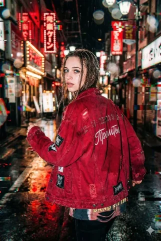 Neo-Tokyo Rain Alley Flash — Nano Banana 2 AI Prompt: A raw, candid street-style shot of reference running through a rain-soaked Neo-T...