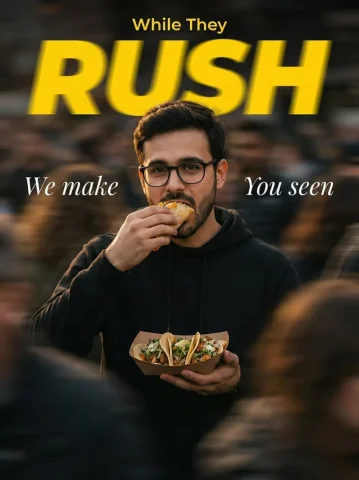 Rush vs Calm Taco Commercial — Nano Banana 2 AI Prompt: Medium shot of a young man in a black hoodie, perfectly still and sharp, calmly...