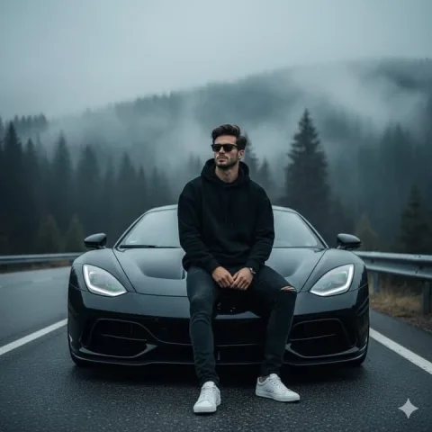 Mountain Road Car Portrait — Nano Banana 2 AI Prompt: Ultra-realistic cinematic portrait of a confident man sitting on the hood of a s...