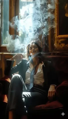 Cinematic Smoke Elegance — Nano Banana 2 AI Prompt: A high-definition cinematic portrait of a sophisticated woman sitting in a plush...