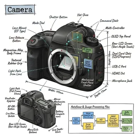 Black White Tech Diagram — Nano Banana 2 AI Prompt: Create an infographic image of [OBJECT], combining a realistic photograph or pho...