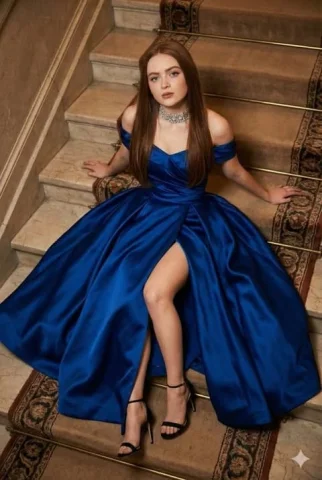 Blue Satin Queen Grand Staircase — Nano Banana 2 AI Prompt: Elegant young woman sitting on a grand staircase. Seated centrally on carpeted s...