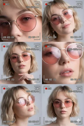 Gen Z VHS Portrait Collage — Nano Banana 2 AI Prompt: A cinematic collage of six close-up and medium-shot portraits of the same young...