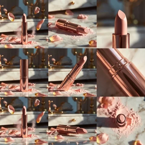 Rose Gold Lipstick Luxury — Nano Banana 2 AI Prompt: Elegant rose-gold lipstick standing upright on a reflective marble surface, surr...