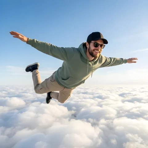 Cloud Surfing Freedom Boy — Nano Banana 2 AI Prompt: A realistic, high-quality photo of a happy young man flying horizontally in the...