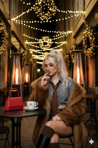 Cinematic Bokeh Portrait — Nano Banana 2 AI Prompt: A stunning young western woman with long platinum blonde hair in a high messy po...