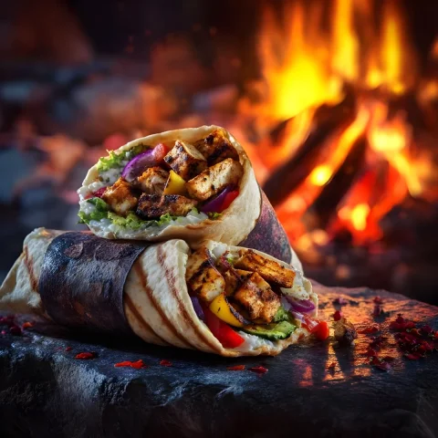 Grilled Wraps Cinematic Feast — Nano Banana 2 AI Prompt: A dramatic cinematic food photography scene featuring gourmet grilled wraps and...