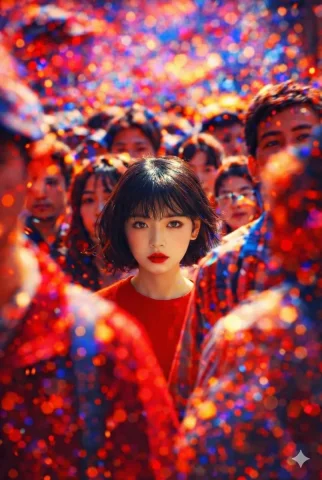 Red Lips Crowd Dream — Nano Banana 2 AI Prompt: { "image_generation_prompt": { "subject": { "description": "Young wo...