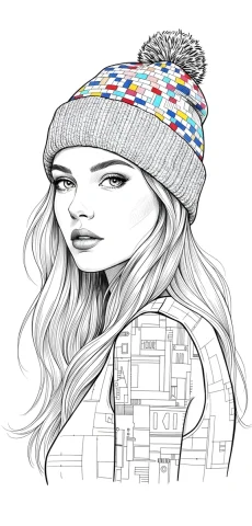 Ultra-detailed Ink Mosaic Beanie Girl — Nano Banana 2 AI Prompt: Ultra-detailed black and white ink illustration of a young woman in 3/4 profile,...