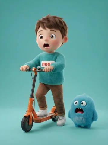 Cute Boy Blue Monster Shock — Nano Banana 2 AI Prompt: A high-quality 3D render of a cute young boy riding an orange electric scooter n...