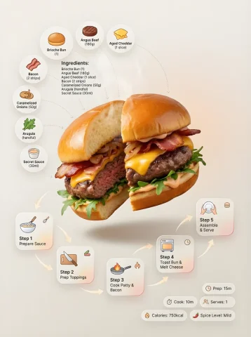 Floating Burger Recipe Infographic — Nano Banana 2 AI Prompt: Ultra-clean modern (Food Name) infographic in a premium editorial style. Show th...