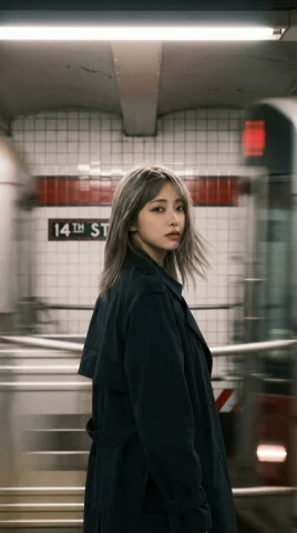 Subway Platform Wong Kar-wai Style Glance — Nano Banana 2 AI Prompt: { "portrait_prompt": { "subject": "Based on , a woman with shoulder-length...