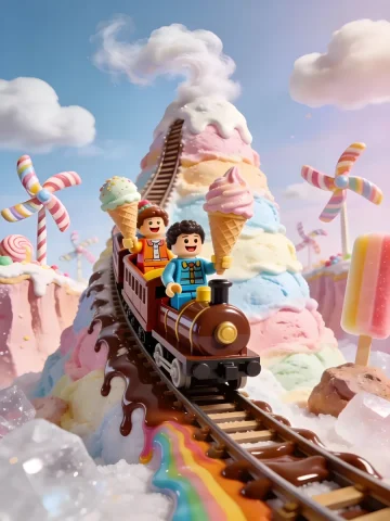 Lego Candy River Adventure — Nano Banana 2 AI Prompt: { "atmosphere": { "mood": "playful and joyful", "mist": "soft misty ha...