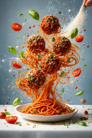 Spaghetti Meatballs Vertical Lift — Nano Banana 2 AI Prompt: { "global_settings": { "resolution": "8K ultra high definition", "aspe...