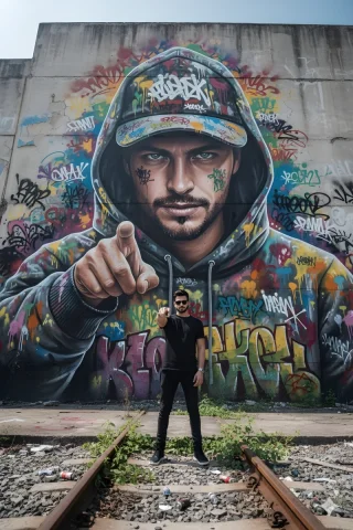 Hyper-Realistic Graffiti Breakthrough — Nano Banana 2 AI Prompt: hyper-realistic photo, 8k, low-angle wide lens, looking up at massive concrete g...