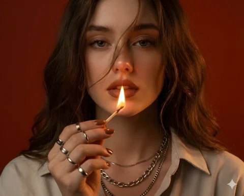 Flame Lips Glamour Portrait — Nano Banana 2 AI Prompt: A woman holds a lit match in front of her face, the flame just above her lips, l...