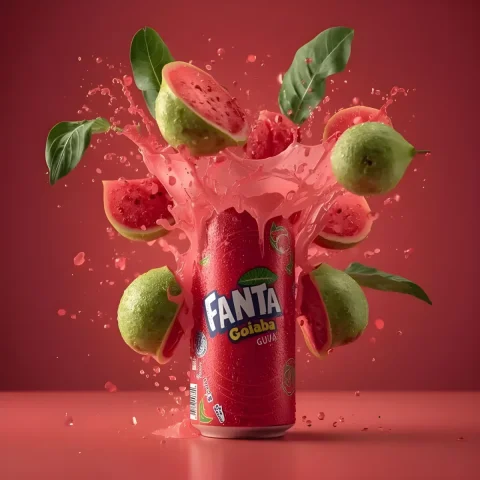Guava Soda Explosion — Nano Banana 2 AI Prompt: Ultra-realistic high-end product photography of a red aluminum soda can branded...
