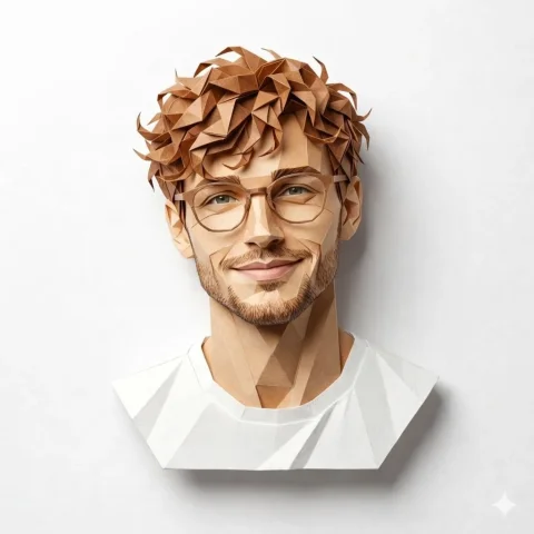 Geometric Papercraft Man Portrait — Nano Banana 2 AI Prompt: Ultra-detailed HD digital papercraft portrait of a young man, geometric low-poly...