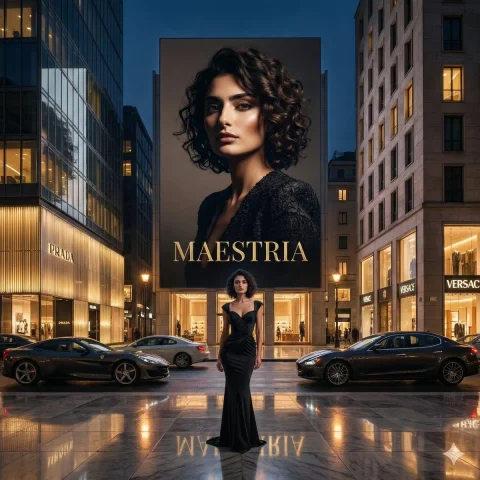 Couture Queen LED Billboard — Nano Banana 2 AI Prompt: cinematic Milan luxury district at night with modern architecture and fashion ho...