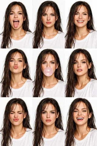 Pure White 9-Grid Wet Hair Supermodel — Nano Banana 2 AI Prompt: {"type":"image_to_image","model":"stable-diffusion-xl","prompt":"Keep the same f...