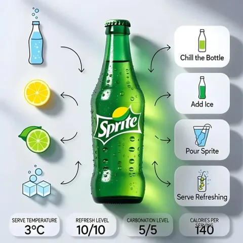 Chilled Sprite Infographic — Nano Banana 2 AI Prompt: A modern, clean product infographic featuring a chilled Sprite bottle at the cen...