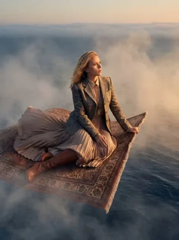 Golden Fog Magic Carpet Fashion — Nano Banana 2 AI Prompt: {"options":{"gender":["woman"]},"prompt_structure":{"style":"High-fashion editor...