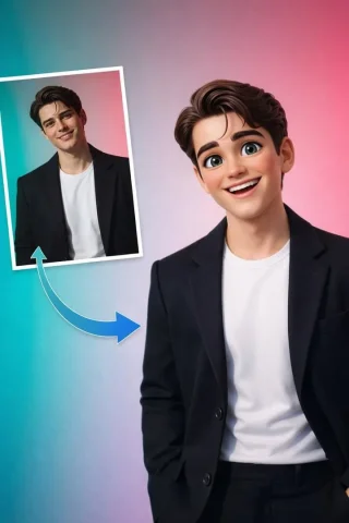 Pixar Style Sunny Youth — Nano Banana 2 AI Prompt: A stylized 3D cartoon portrait of a young man with short brown hair and expressi...