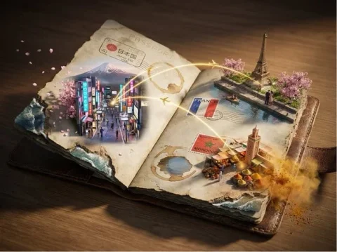 Passport Fantasy Adventure Map — Nano Banana 2 AI Prompt: Epic 3D scene: a weathered passport lies open, its visa stamps erupting into the...