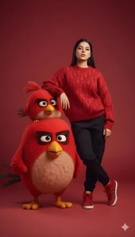 Playful Red Fashion Editorial with Angry Birds — Nano Banana 2 AI Prompt: {"prompt":"A high-resolution fashion studio portrait of a confident young woman...