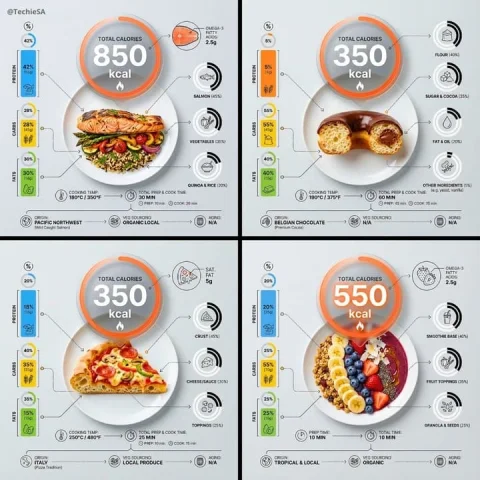 Ultra Clean Calorie Infographic — Nano Banana 2 AI Prompt: Ultra-clean top-down (90° flat lay) infographic composition. A perfectly centere...