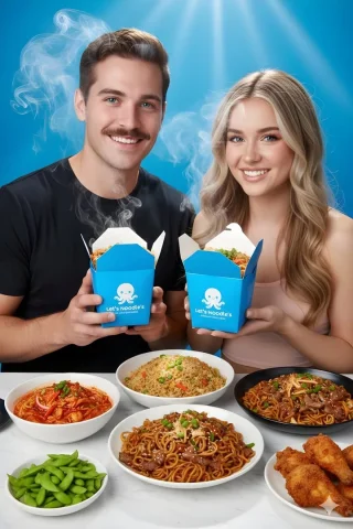 Vibrant Noodle Couple Shot — Nano Banana 2 AI Prompt: {"scene":{"type":"Ultra vibrant food photography","style":"Professional product...