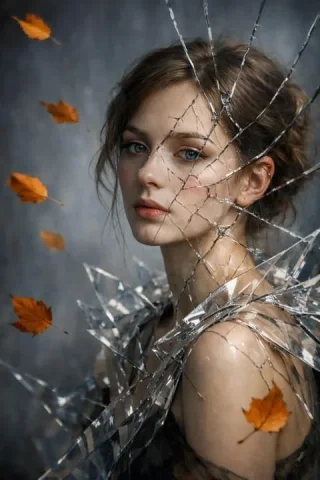 Surreal Cracked Mirror Portrait — Nano Banana 2 AI Prompt: A surreal, cinematic portrait of a young woman gazing into a cracked mirror, her...