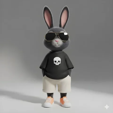 Street Style Cool Bunny 3D Figure — Nano Banana 2 AI Prompt: A full-body 3D render of a cute yet cool anthropomorphic bunny character, standi...