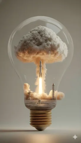 Rocket Launch Inside Glass Bulb — Nano Banana 2 AI Prompt: A surreal dreamlike scene inside a large transparent glass lightbulb, zoom in a...
