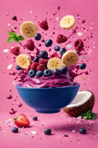 8K Suspended Food Splash — Nano Banana 2 AI Prompt: {"resolution":"8K UHD","aspect_ratio":"3:4","image_style":"hyper-realistic comme...