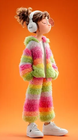 Rainbow Furry Style Character — Nano Banana 2 AI Prompt: A stylized 3D cartoon character standing confidently against a solid orange back...