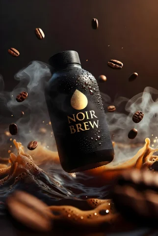 Noir Brew Bottle Steam Swirl — Nano Banana 2 AI Prompt: Ultra-cinematic premium coffee bottle labeled "NOIR BREW", matte black glass wit...