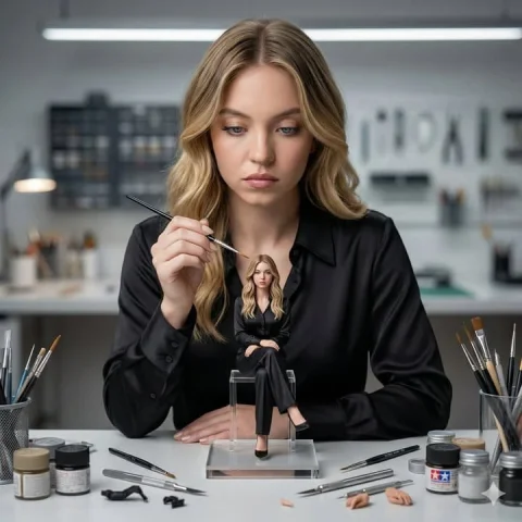 Cinematic Miniature Mirror Studio — Nano Banana 2 AI Prompt: Ultra-realistic cinematic studio scene of a woman carefully painting a highly de...