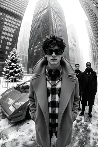 Snow City Black & White Street Fashion Editorial — Nano Banana 2 AI Prompt: Black-and-white, high-contrast, ultra-glamorous street fashion editorial photogr...