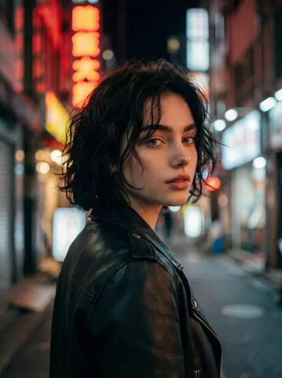 Neon Night Street Portrait Looking Back
