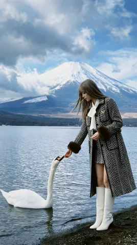 Feeding Swan by Mount Fuji Lake — Nano Banana 2 AI Prompt: { "portrait_prompt": { "subject": "A woman with long hair, gentle breeze b...
