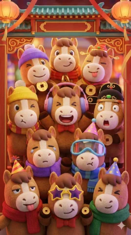 Pony Chinese New Year Celebration — Nano Banana 2 AI Prompt: A vertical phone wallpaper of a crowded group of cute anthropomorphic horse plus...