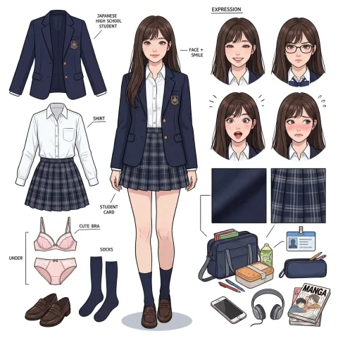 Japanese JK Uniform Girl Decomposition Sheet — Nano Banana 2 AI Prompt: { "Objective": "Create a panoramic character concept decomposition sheet for a...