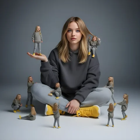 Playful Mini-Me Girl — Nano Banana 2 AI Prompt: A creative surreal image of a woman sitting on the ground, wearing a dark yellow...