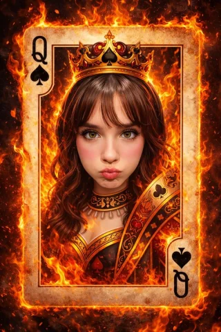 Blazing Queen of Spades — Nano Banana 2 AI Prompt: Ultra-detailed fantasy playing card illustration of the Queen of Spades, featuri...