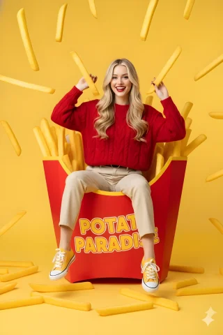 Playful Girl in French Fries Ocean — Nano Banana 2 AI Prompt: { "prompt": "young western woman with long blonde hair sitting playfully insid...