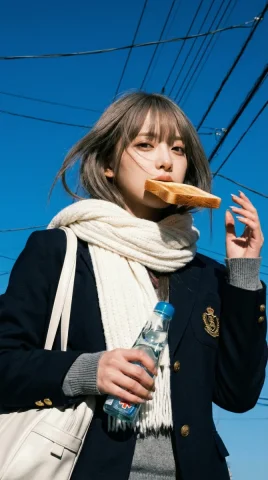 Late for School Toast Girl Blue Sky Snapshot — Nano Banana 2 AI Prompt: { "parameters": { "scene_narrative": "A high-fidelity recreation of a vibr...