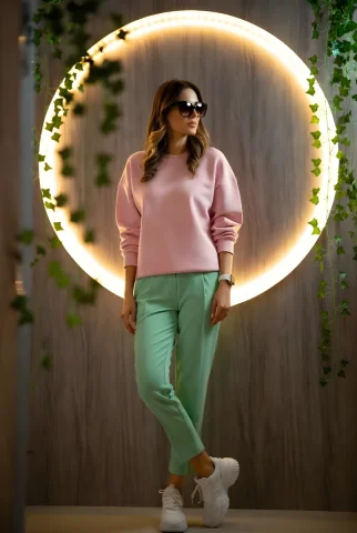 Relaxed Pastel Pink & Mint Fashion — Nano Banana 2 AI Prompt: Ultra-realistic full-body fashion portrait. Woman standing in relaxed pose, lean...