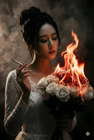 Fiery Bride with Burning Roses — Nano Banana 2 AI Prompt: A cinematic, dark-romantic portrait of a mysterious bride holding a bouquet of w...
